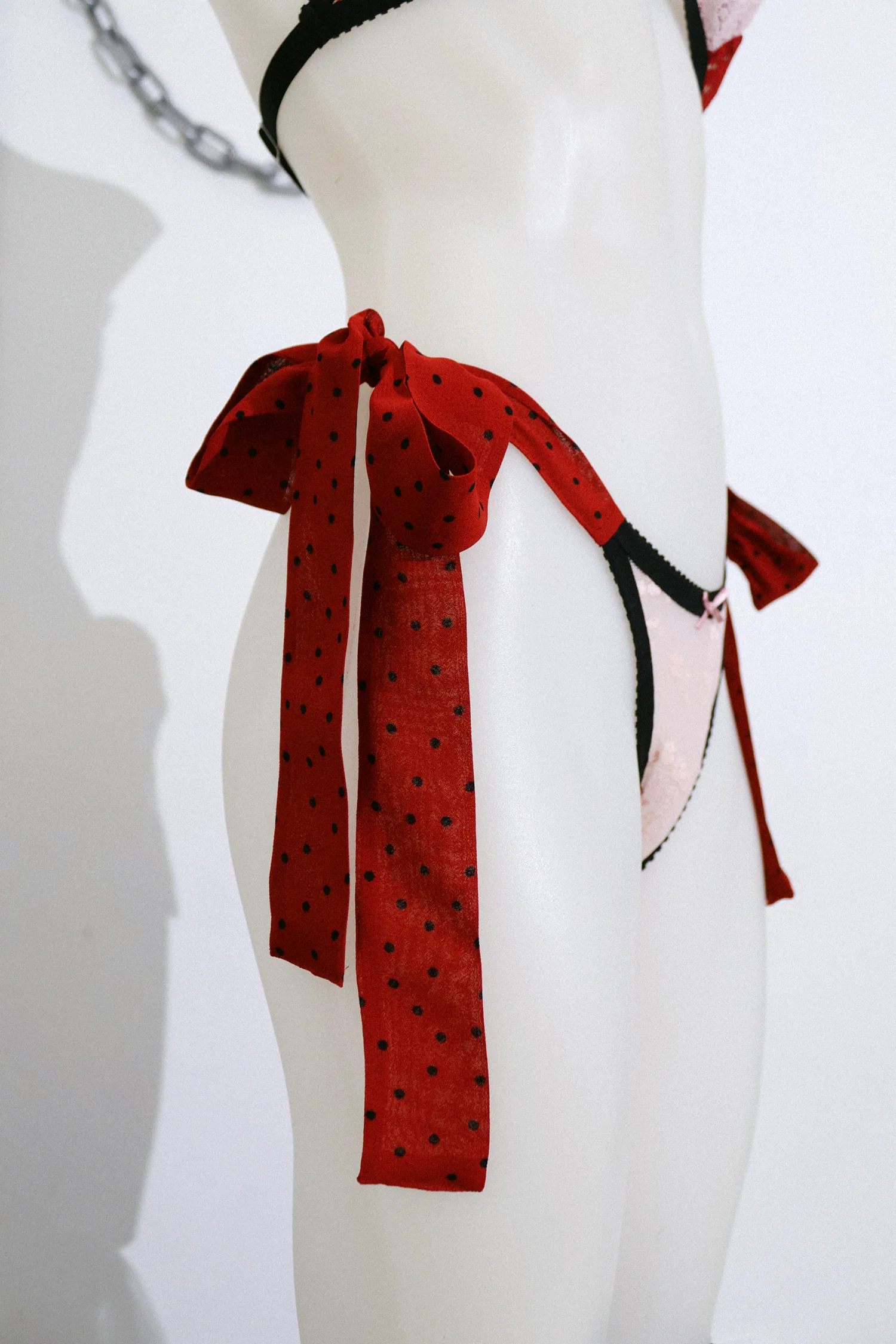 Tie Side Thong Pink Lace and Red Ties - Image 3